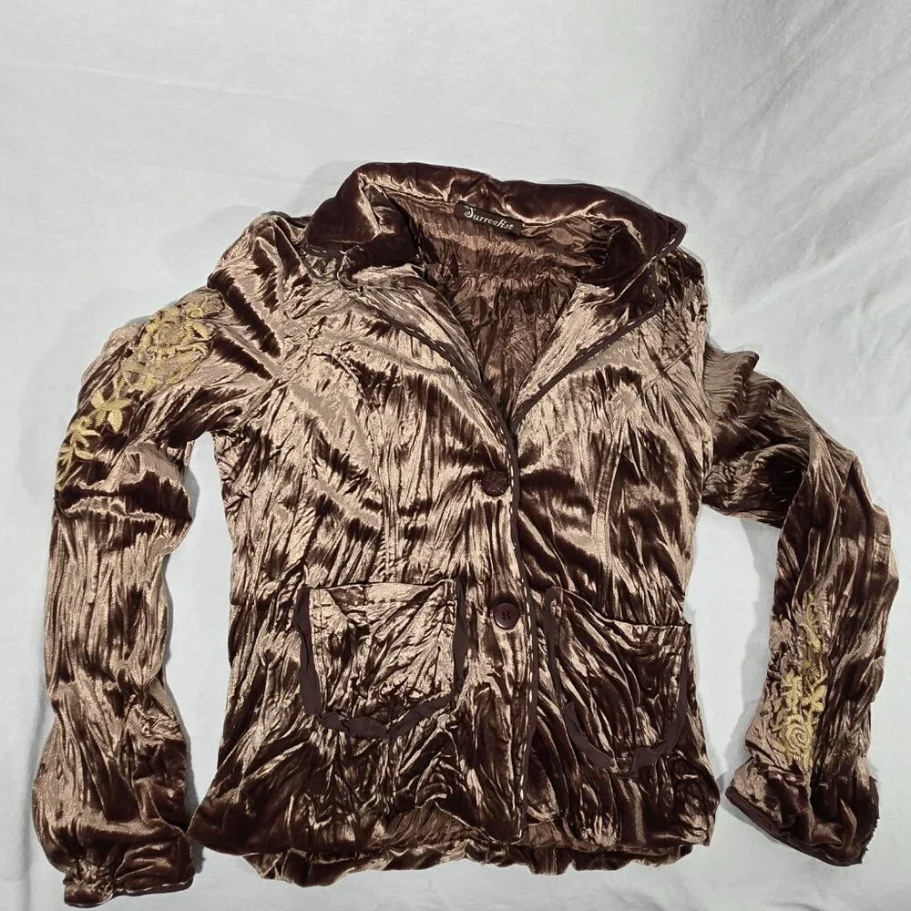Vintage SURREALIST Steampunk Y2K Crinkled Velvet Embroidery Brown Jacket Size 2. - Picture 7 of 14